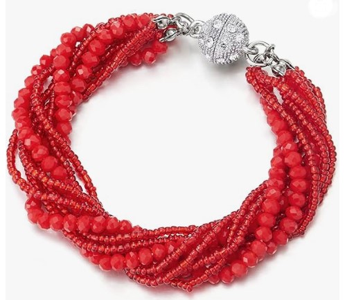 COOLSTEELANDBEYOND Rojo Statement Colgante Multi Capas Cuentas Cristal Trenzad