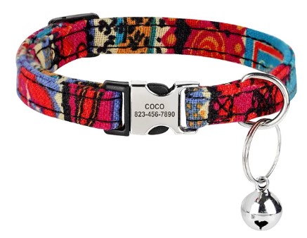 Collar de gato con estampado personalizado, ajustable, placa de identificación grabada grati
