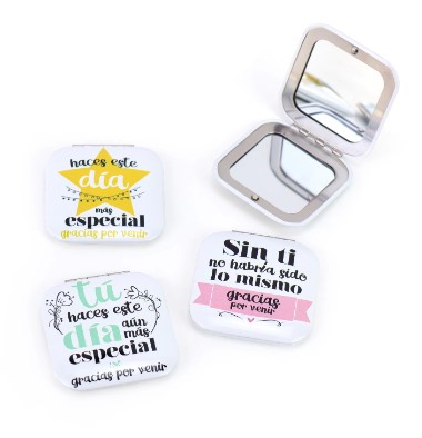 Pack de 6 a 36 unidades de Espejo de bolsillo con frase, 3 modelos
