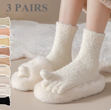 Calcetines de invierno de lana de Coral para mujer, medias gruesas y cálidas para los dedos del pie, calcetines térmicos cómodos y esponjosos para dormir, dedos separados, 3 pares