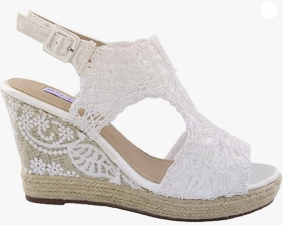 LARES Sandalias de novia con cuña esparto. Alpargata con plataforma en blanco cierre hebilla.