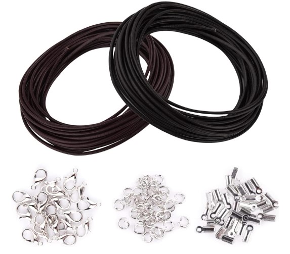 2 Rollos Pulseras Roll Cordón de Cuero Redondo, Cuero de Vaca Joyas Material, Cuerda de Cuero Fino, Cuerda de Cuero para Pulseras, para Hacer Pulseras, Collares y Manualidades（Negro y Marrón）