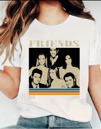 Camiseta Casual de Cuello Redondo para Mujer con Retrato Vintage de Friends