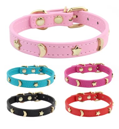 Collar bonito para gato, collares de cuero suave para mascotas para perros pequeños, gatitos, cachorros, accesorios para gatos, remaches de estrella y Luna, decoración XS-M